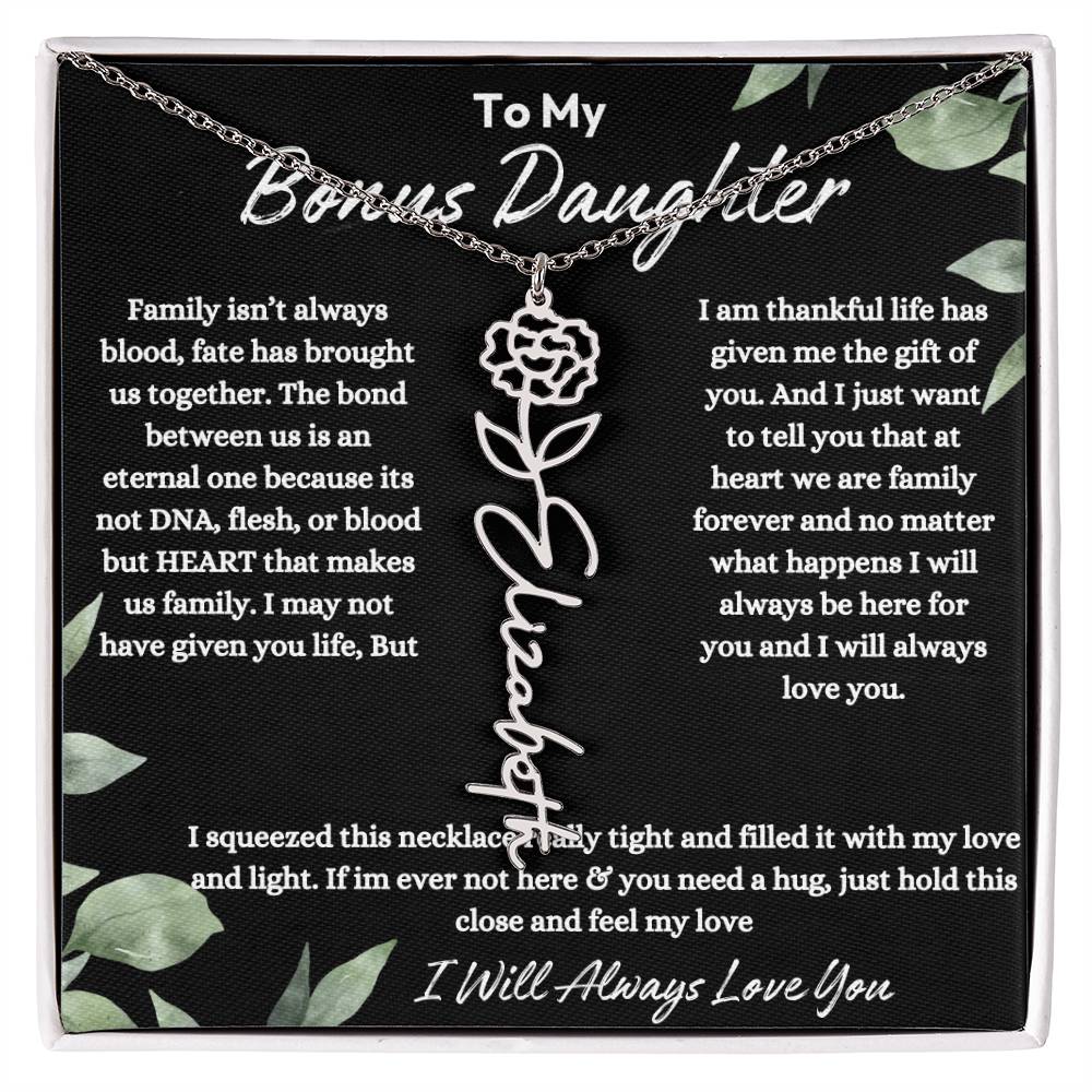 To My Bonus Daughter| At Heart We Are Family |  Birth Flower Necklace