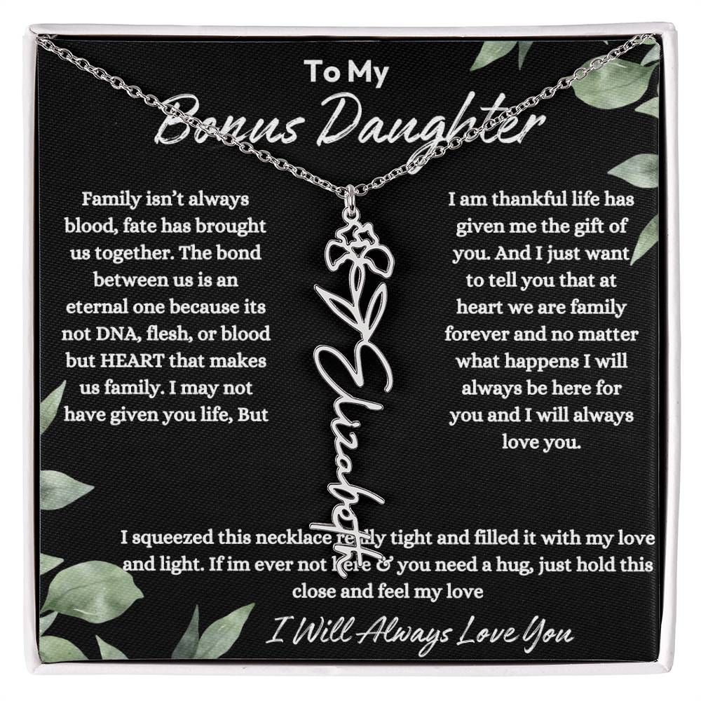 To My Bonus Daughter| At Heart We Are Family |  Birth Flower Necklace