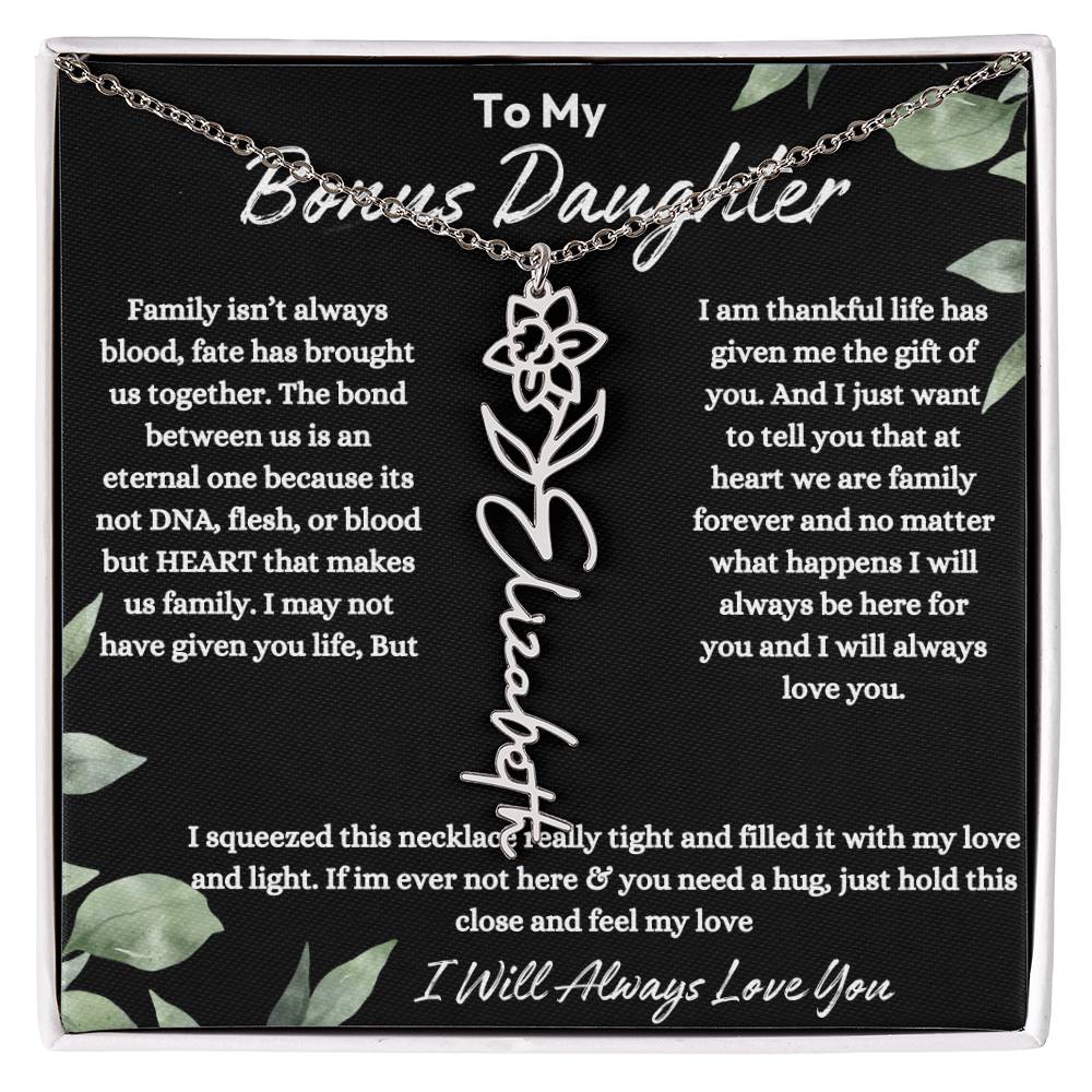 To My Bonus Daughter| At Heart We Are Family |  Birth Flower Necklace