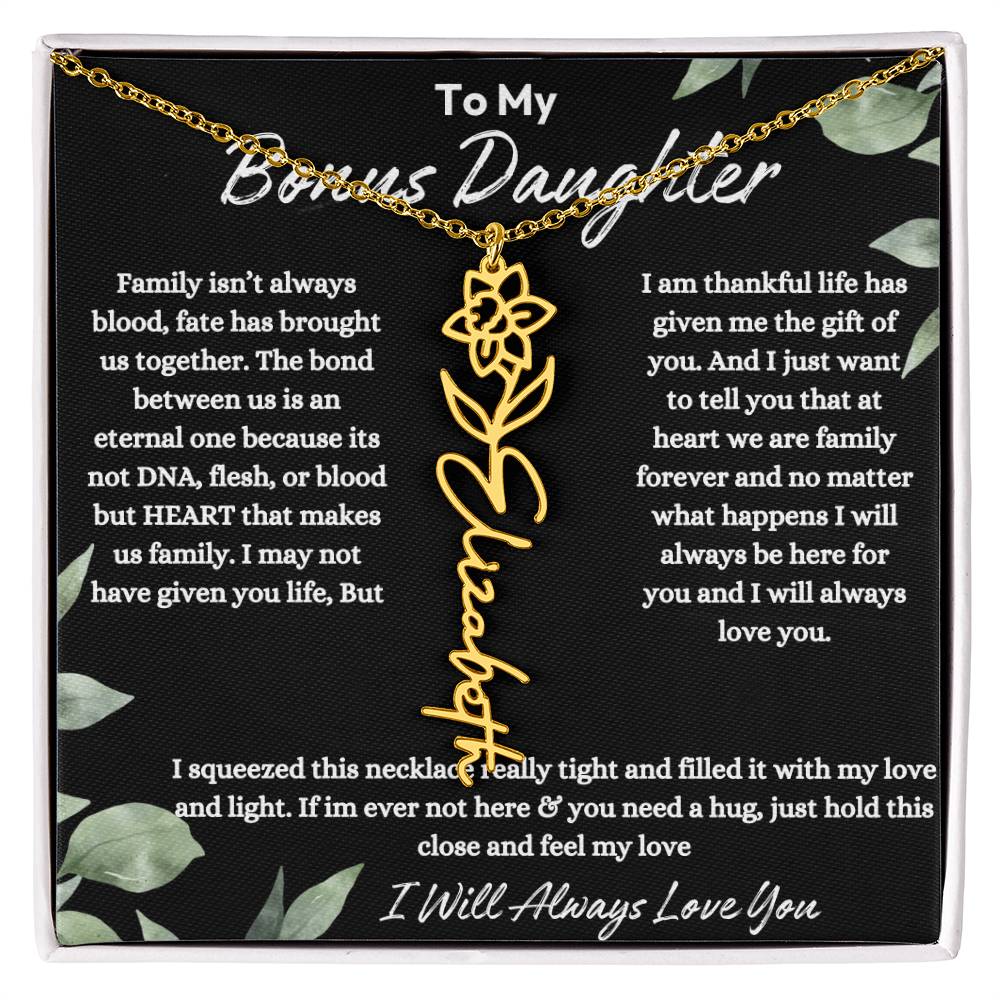 To My Bonus Daughter| At Heart We Are Family |  Birth Flower Necklace