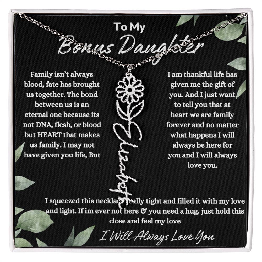 To My Bonus Daughter| At Heart We Are Family |  Birth Flower Necklace