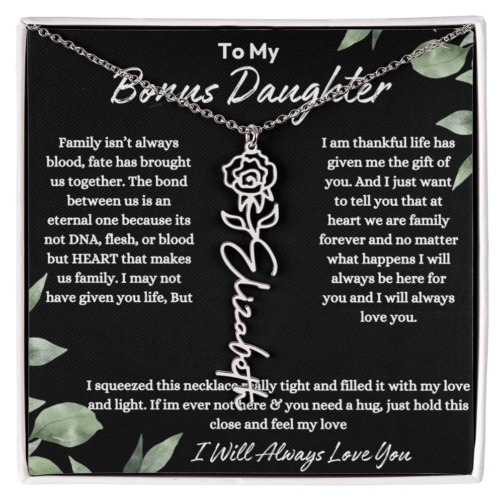 To My Bonus Daughter| At Heart We Are Family |  Birth Flower Necklace