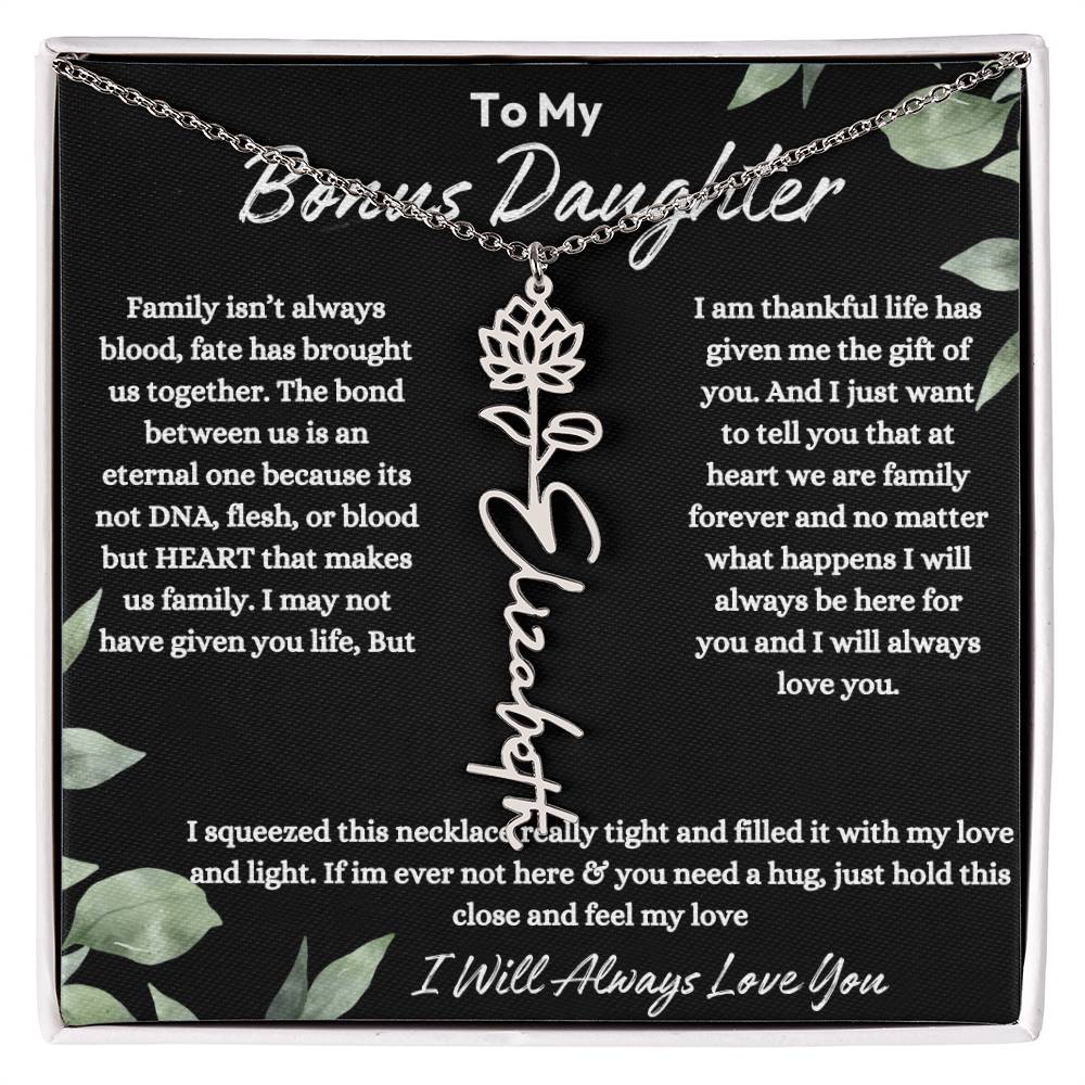 To My Bonus Daughter| At Heart We Are Family |  Birth Flower Necklace