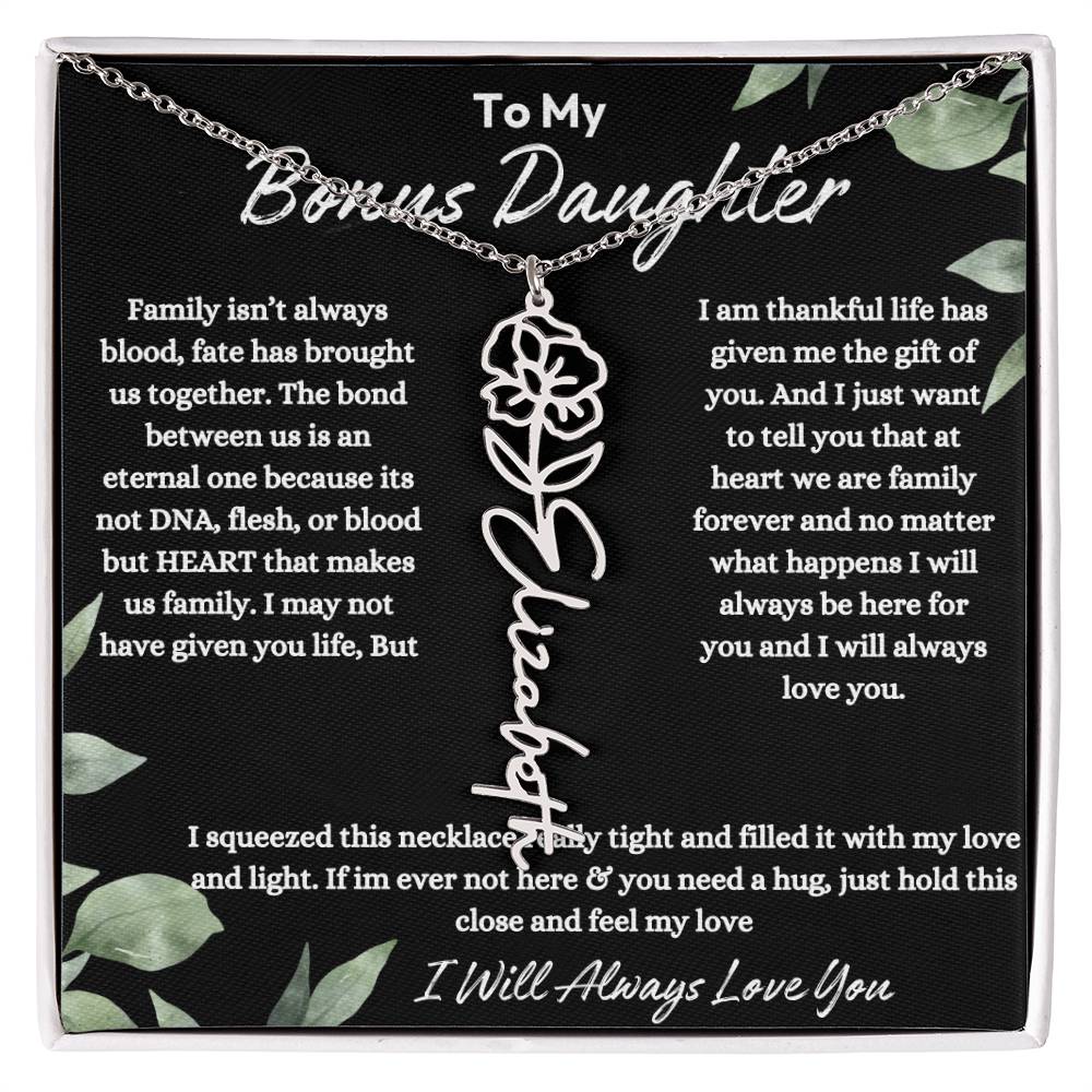 To My Bonus Daughter| At Heart We Are Family |  Birth Flower Necklace