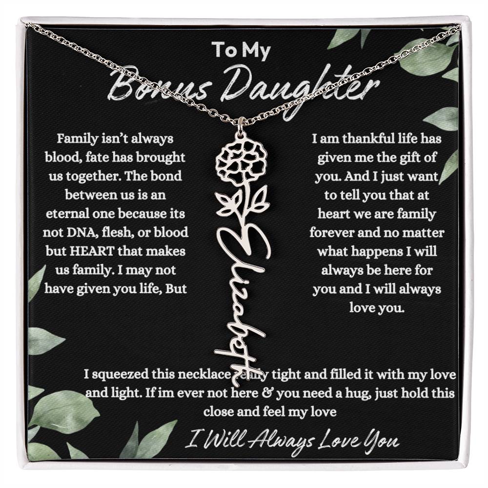 To My Bonus Daughter| At Heart We Are Family |  Birth Flower Necklace