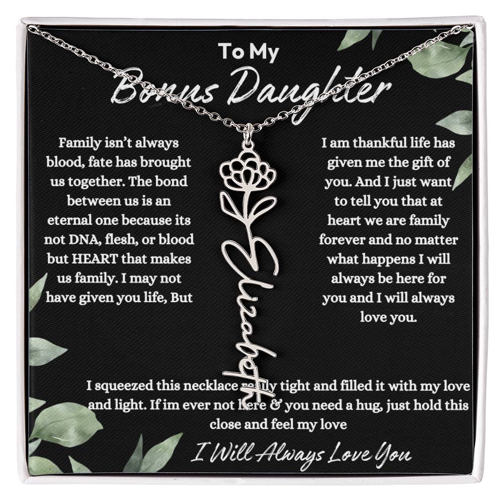 To My Bonus Daughter| At Heart We Are Family |  Birth Flower Necklace