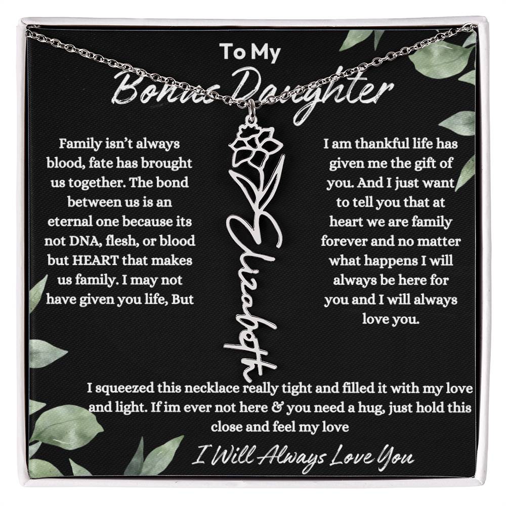 To My Bonus Daughter| At Heart We Are Family |  Birth Flower Necklace